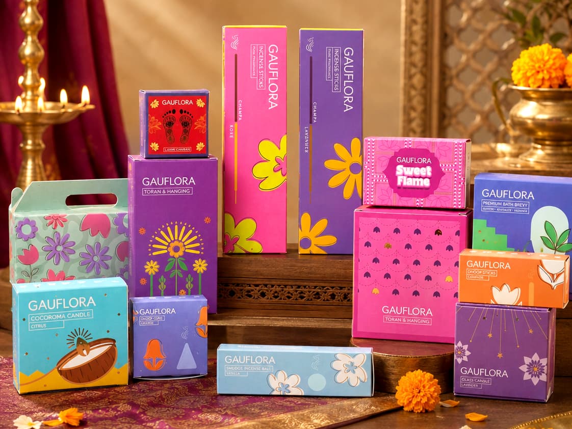 Colorful Gauflora Diwali products arranged with diyas, marigolds and warm festive decor