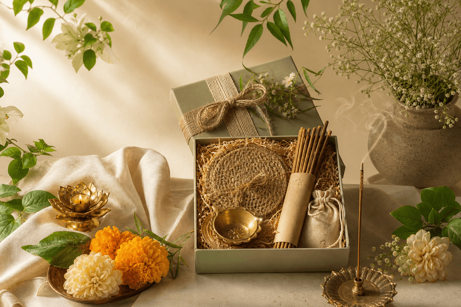 Natural Diwali gift box with incense, flowers, leaves and a brass lotus diya
