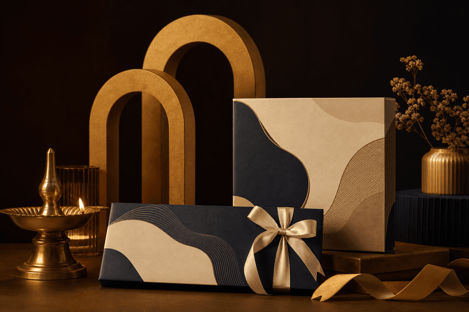 Contemporary cream, indigo and gold Diwali gift boxes beside a traditional brass diya