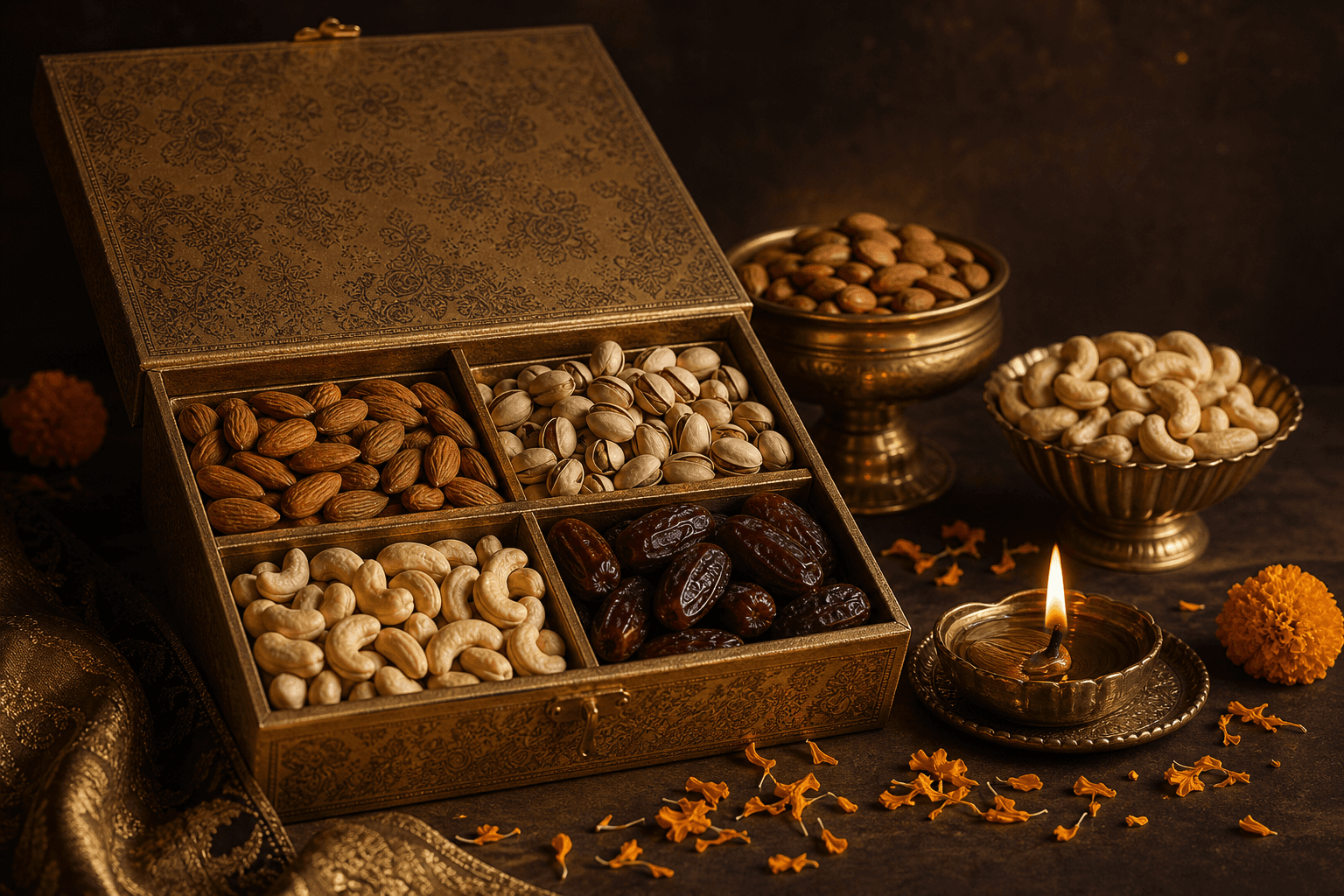 Luxury Diwali dry fruit box with almonds, pistachios, cashews, dates and a glowing diya