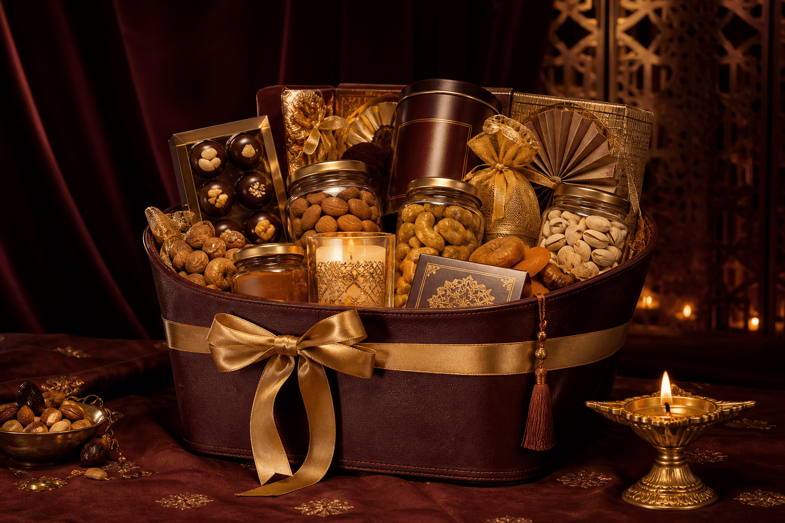 Premium burgundy Diwali hamper filled with gourmet treats, dry fruits and festive gifts